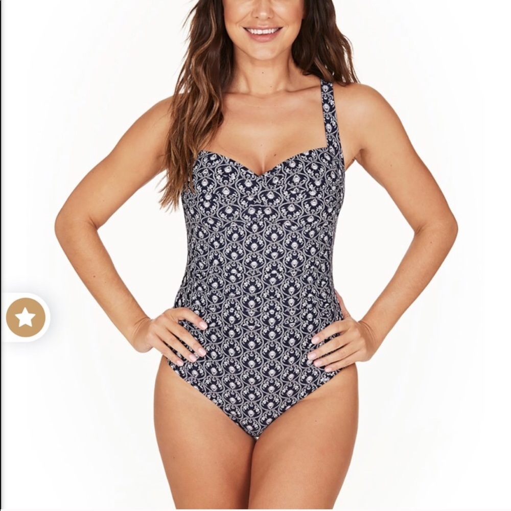 Full coverage onepiece Australia bound nip tuck swimsuit white blue 6 flattering